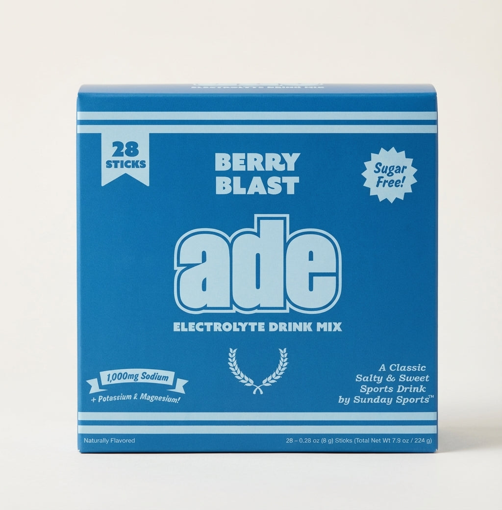 Box of ade Berry Blast electrolyte drink mix on a white background, bundle-box